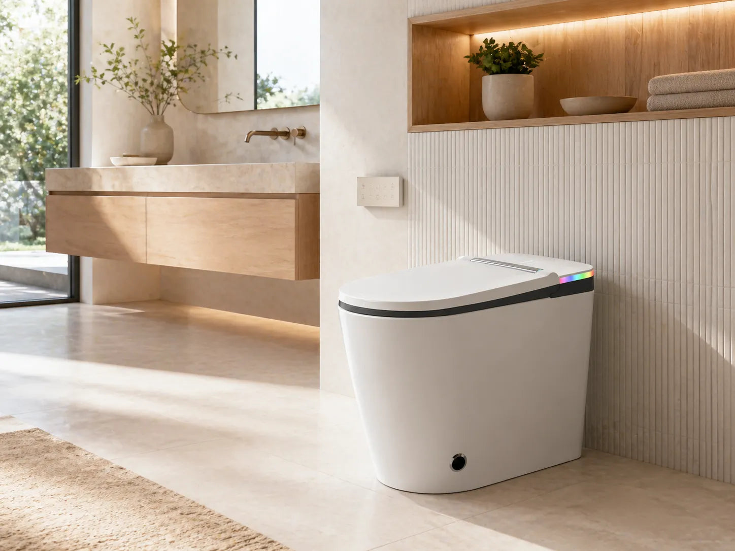 Comparison of a traditional toilet and a HYGINA smart toilet in a modern bathroom showing the upgrade to cleaner and more comfortable living