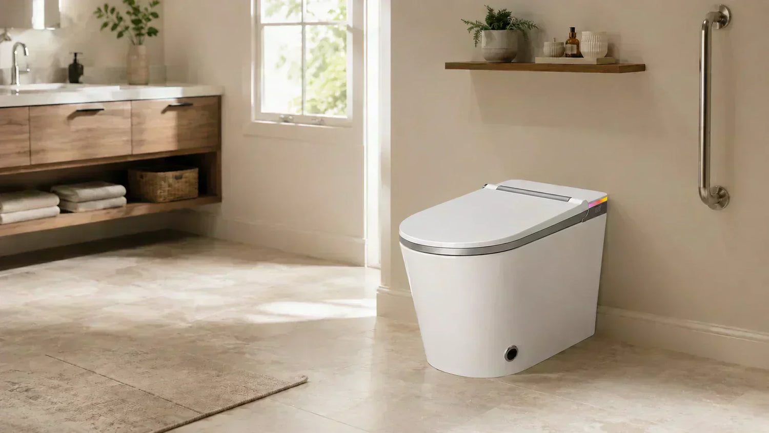 Warm modern American aging-in-place bathroom with a HYGINA smart toilet, ADA comfort height, clear walking space, wood vanity, and pale stone finishes.