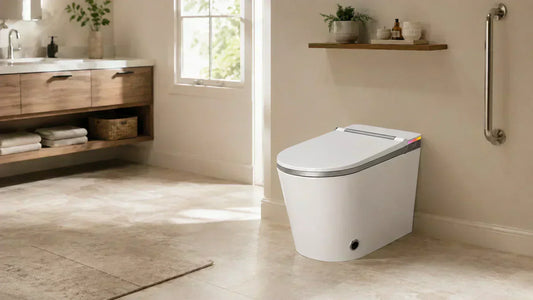 Warm modern American aging-in-place bathroom with a HYGINA smart toilet, ADA comfort height, clear walking space, wood vanity, and pale stone finishes.