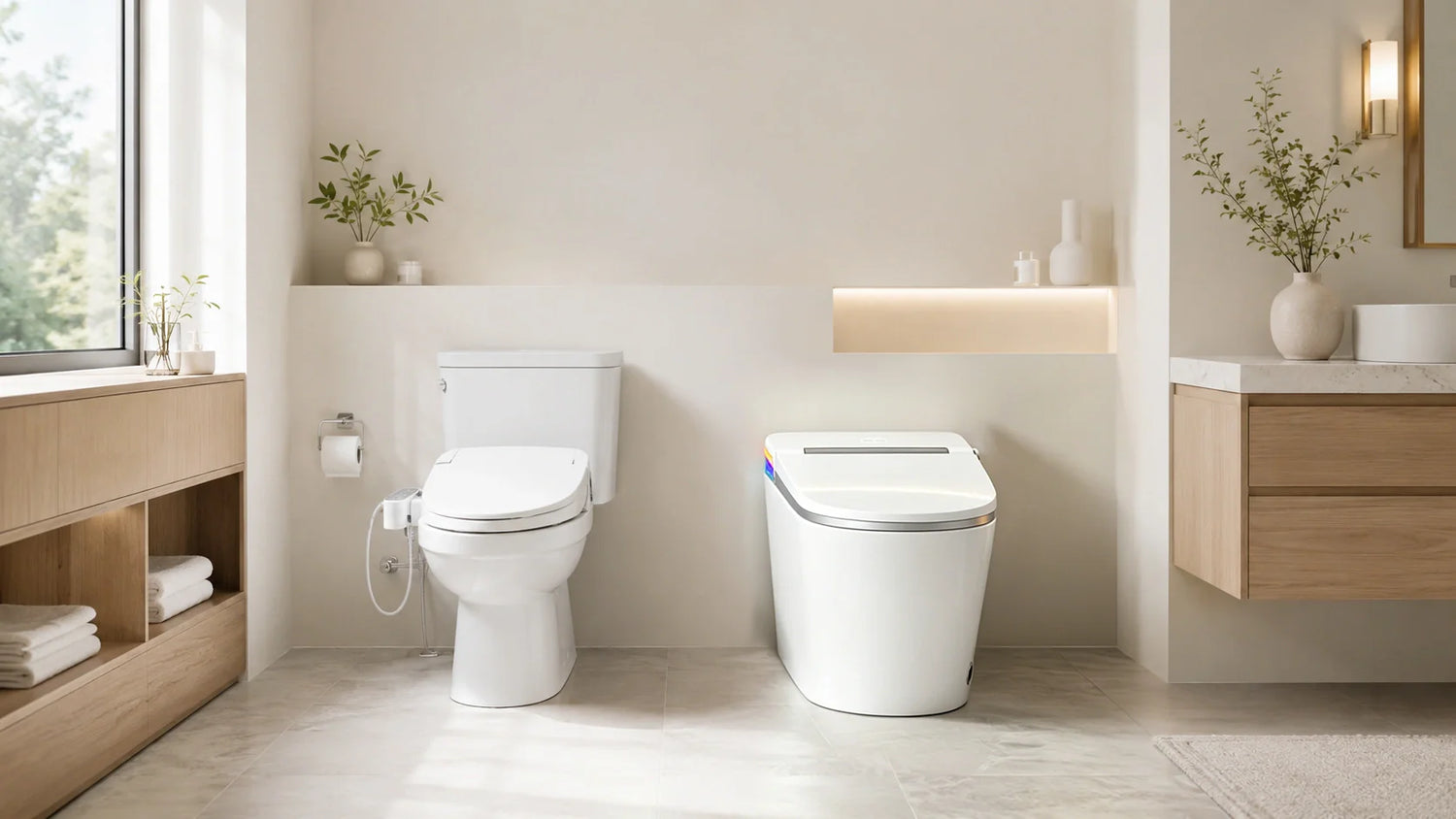 Smart toilet and bidet seat comparison in a modern bathroom