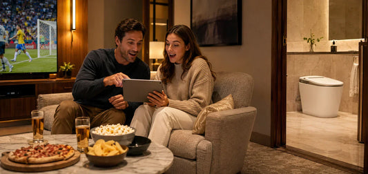 American guests watching the World Cup in a luxury hotel suite with a HYGINA smart toilet visible in the modern bathroom.