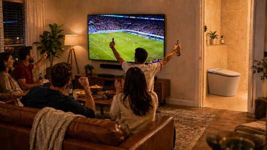 A modern American home during a World Cup watch party with a HYGINA smart toilet in the guest bathroom as part of a comfortable bathroom upgrade.