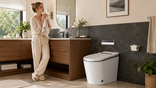 HYGINA U5 Ultra smart toilet in a bright modern American family bathroom with warm morning light