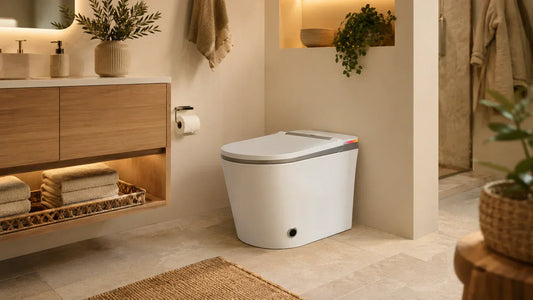 Warm modern American bathroom with wood vanity, pale stone finishes, soft lighting, and a HYGINA smart toilet for a smarter bathroom upgrade.