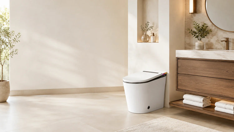 HYGINA smart toilet lifestyle scene in a premium modern bathroom for heated comfort, bidet cleansing, and cleaner everyday living