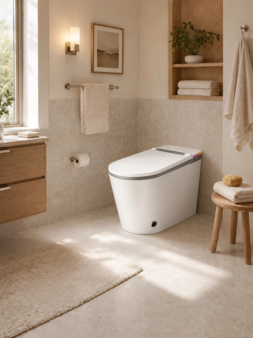 Vertical image of a warm aging-in-place bathroom with a HYGINA smart toilet, comfort height design, heated seat, warm water wash, and clear bathroom space.