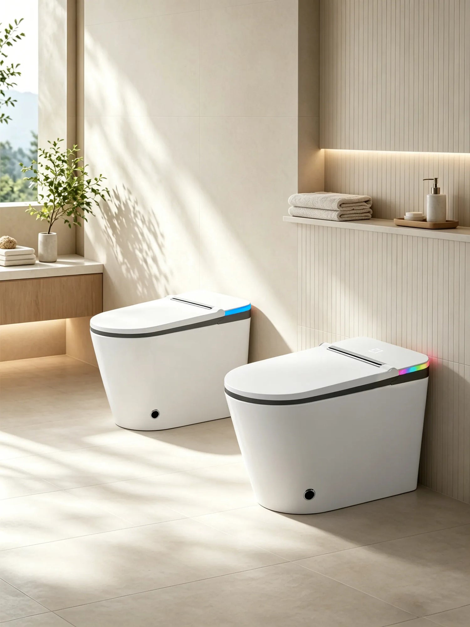 HYGINA U5 Essential and U5 Ultra smart toilets in a bright modern bathroom for model comparison