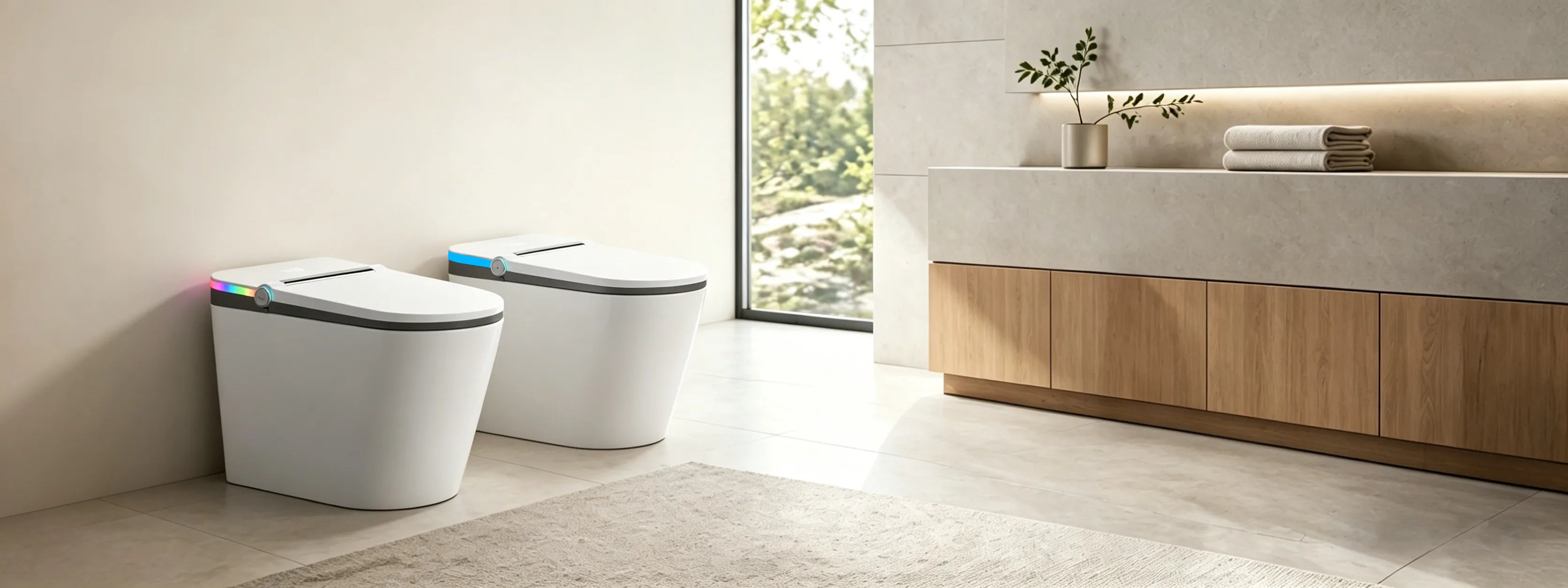 HYGINA U5 Essential and U5 Ultra smart toilets in a bright modern bathroom for model comparison