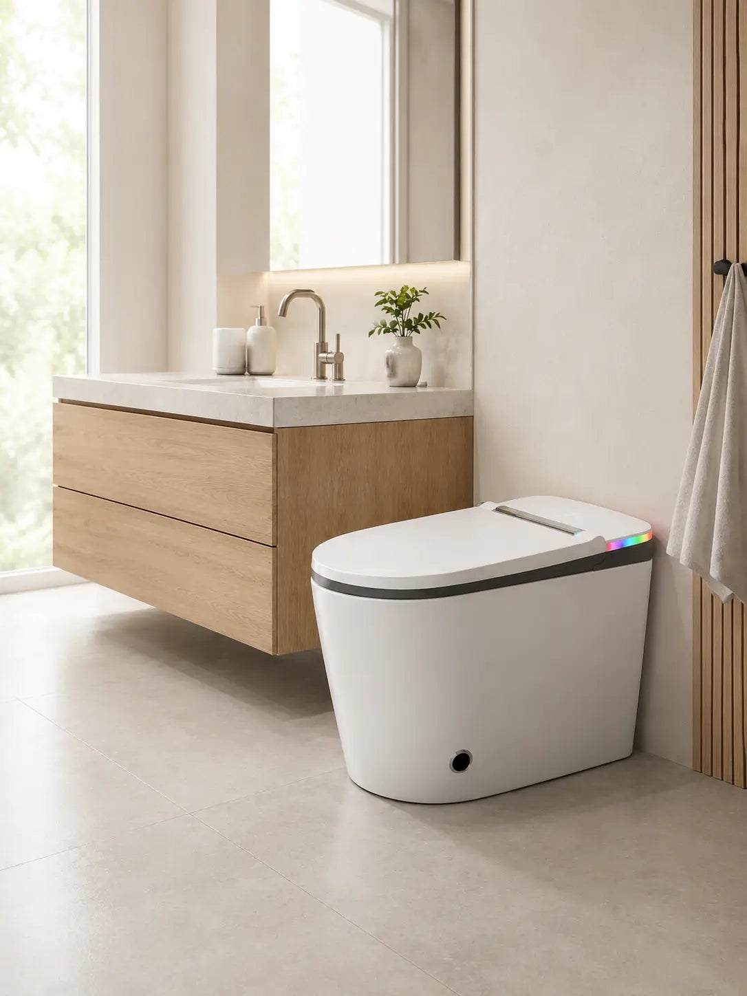 HYGINA U5 smart toilet contact support for Essential and Ultra models in a bright modern bathroom