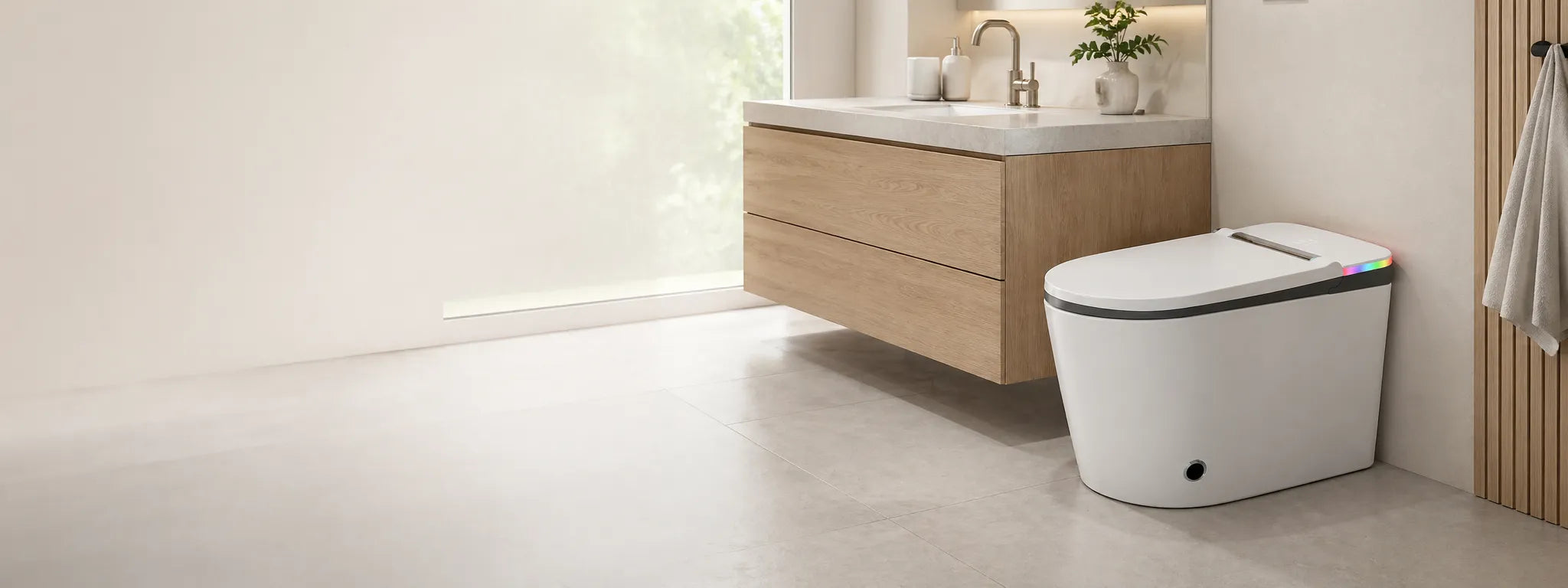 HYGINA U5 smart toilet contact support for Essential and Ultra models in a bright modern bathroom