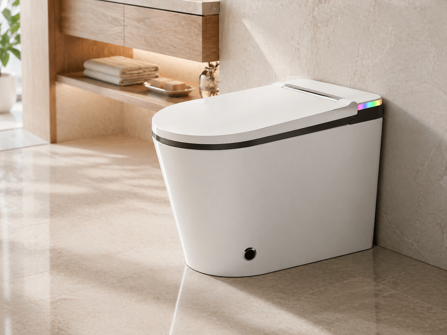 Close-up of a HYGINA smart toilet showing clean design, premium ceramic finish, and intelligent bathroom features