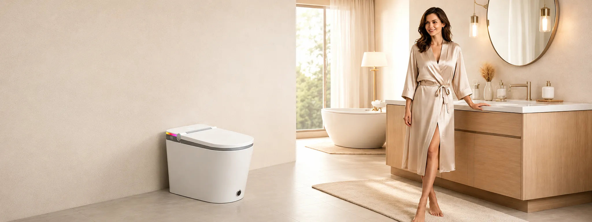 HYGINA smart toilet in a bright modern luxury bathroom with an elegant woman in premium loungewear