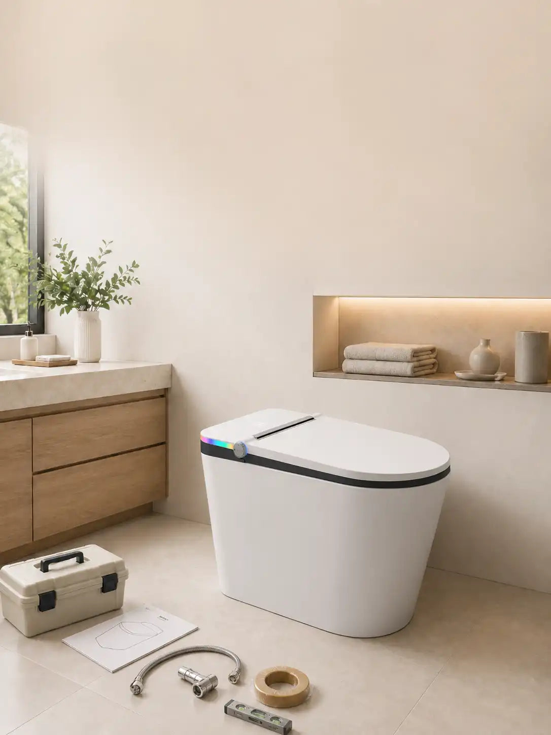 HYGINA smart toilet installation guide for U5 Essential and U5 Ultra models in a bright modern bathroom