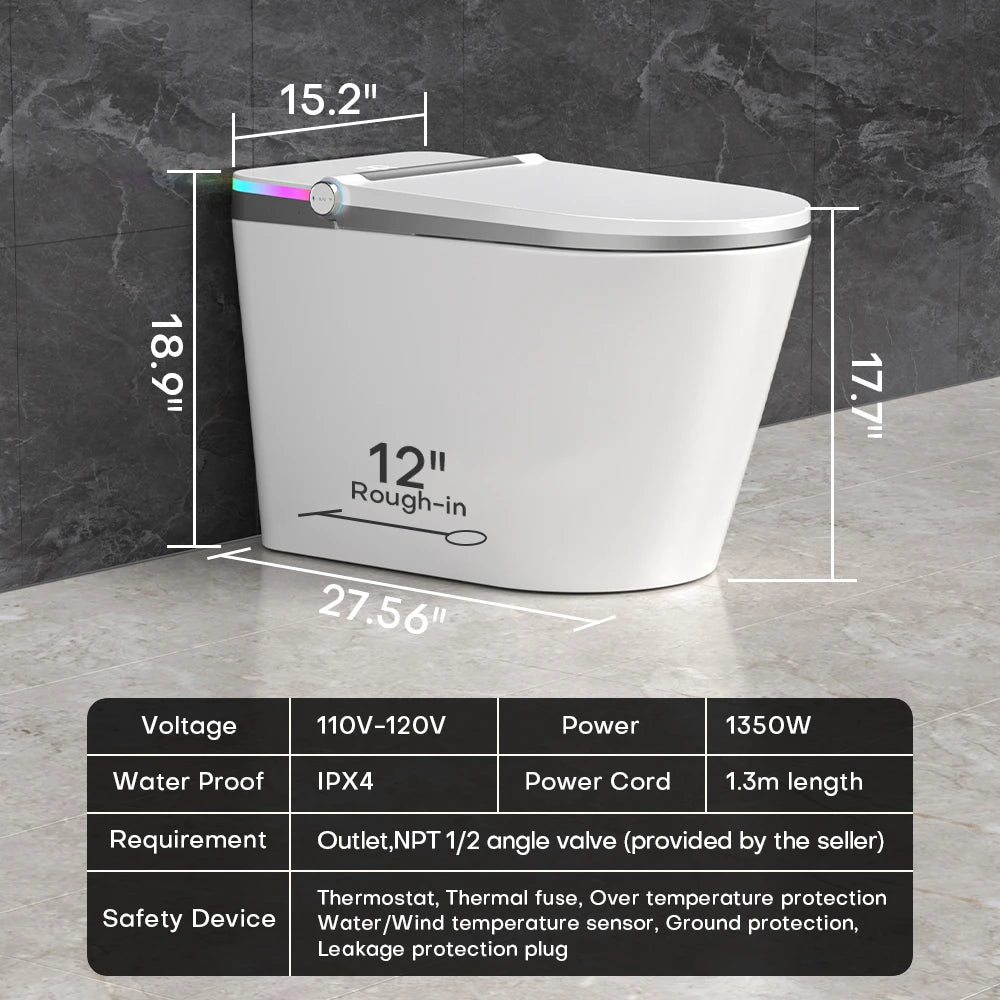 HYGINA U5 Ultra smart toilet installation requirements with 12-inch rough-in and 110–120V power supply.