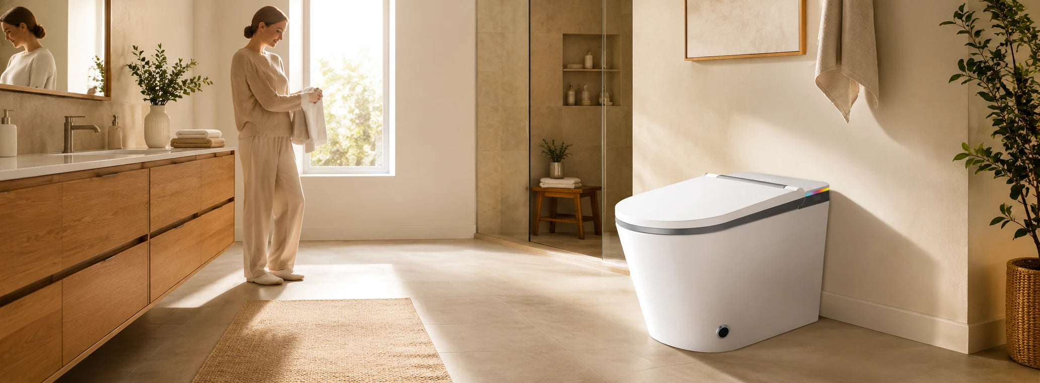 HYGINA smart toilet with bidet, heated seat, warm water wash, auto flush, and foot sensor flushing in a warm modern American family bathroom.
