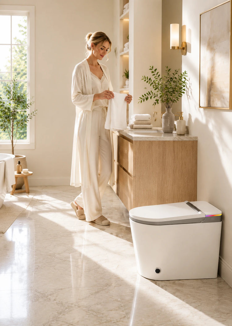 Warm modern American family bathroom with a HYGINA smart toilet, heated seat, warm water bidet cleansing, auto flush, and comfort-height design.