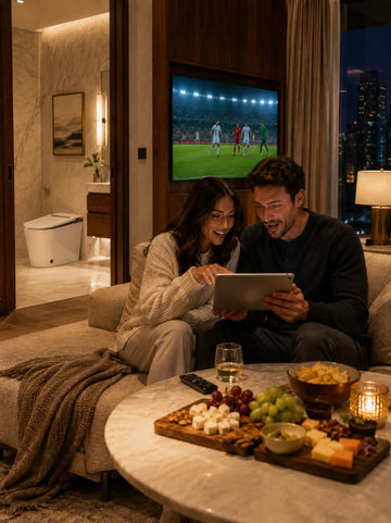 American guests watching the World Cup in a luxury hotel suite with a HYGINA smart toilet visible in the modern bathroom.