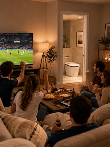 A modern American home during a World Cup watch party with a HYGINA smart toilet in the guest bathroom as part of a comfortable bathroom upgrade.