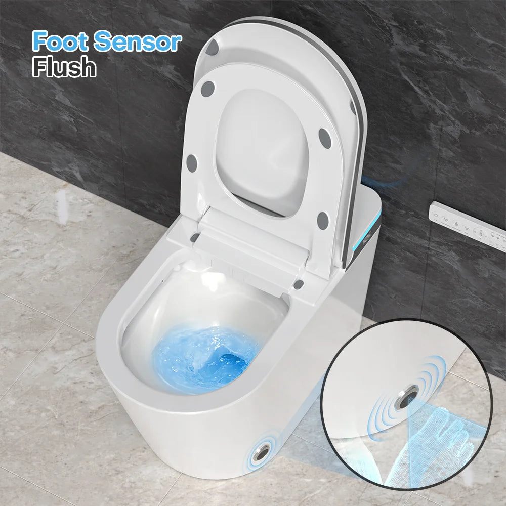 HYGINA U5 Essential smart toilet showing hands-free foot sensor flush functionality.