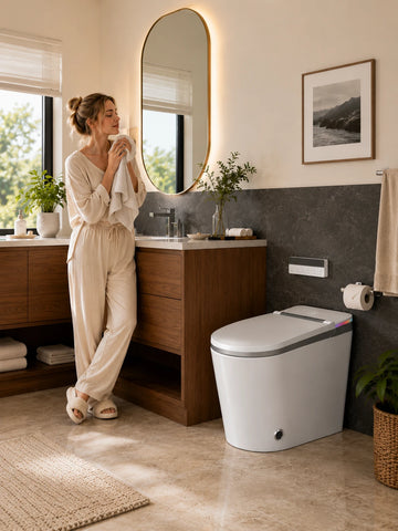 HYGINA U5 Ultra smart toilet in a bright modern American family bathroom with warm morning light