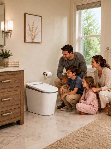 HYGINA U5 Ultra smart toilet mobile image showing a luxury American family bathroom upgrade
