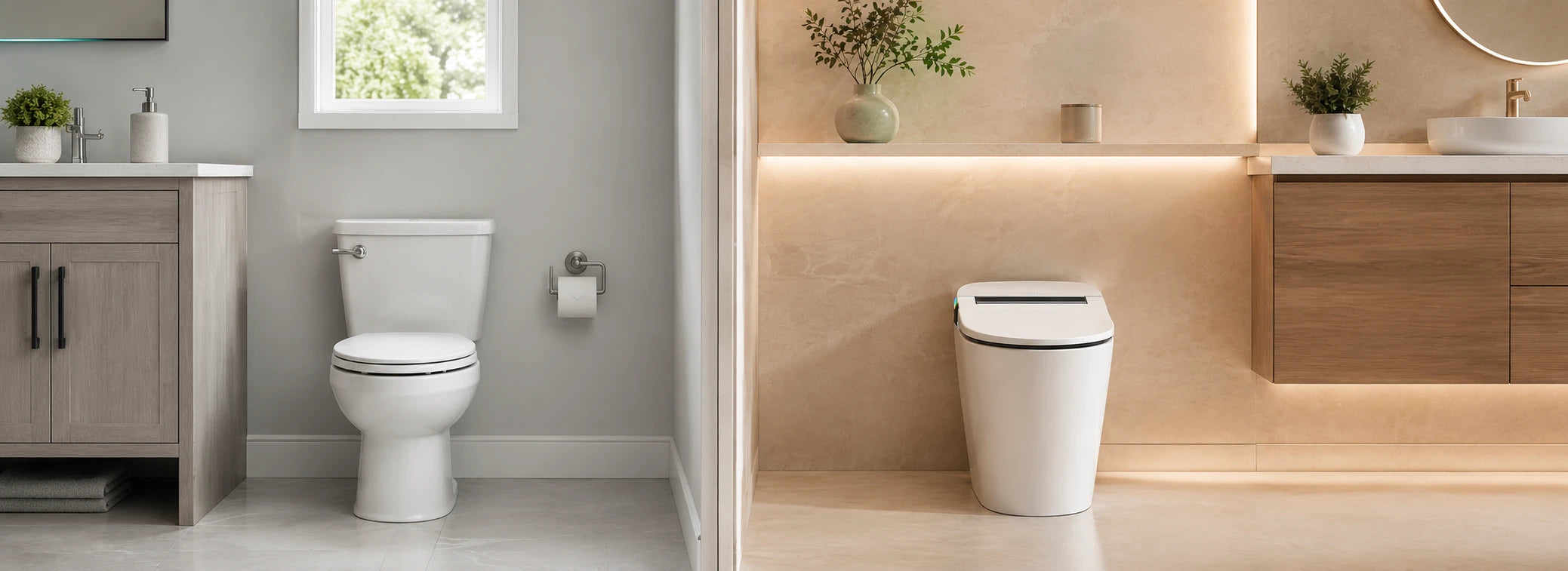 HYGINA U5 Ultra smart toilet compared with a traditional toilet in a modern bathroom