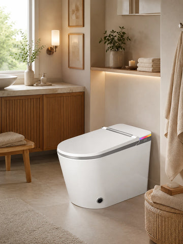 Vertical image of a warm natural bathroom corner with a HYGINA smart toilet, pale stone tile, wood accents, soft lighting, and modern smart toilet comfort features.