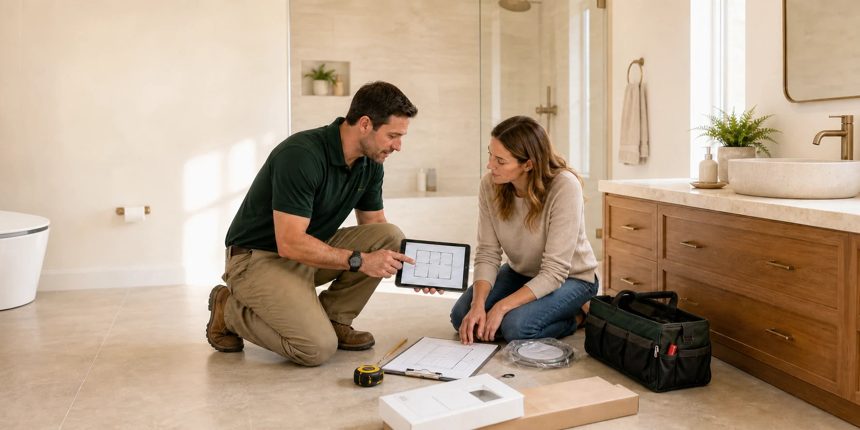 Local bathroom professional reviewing a project with homeowners