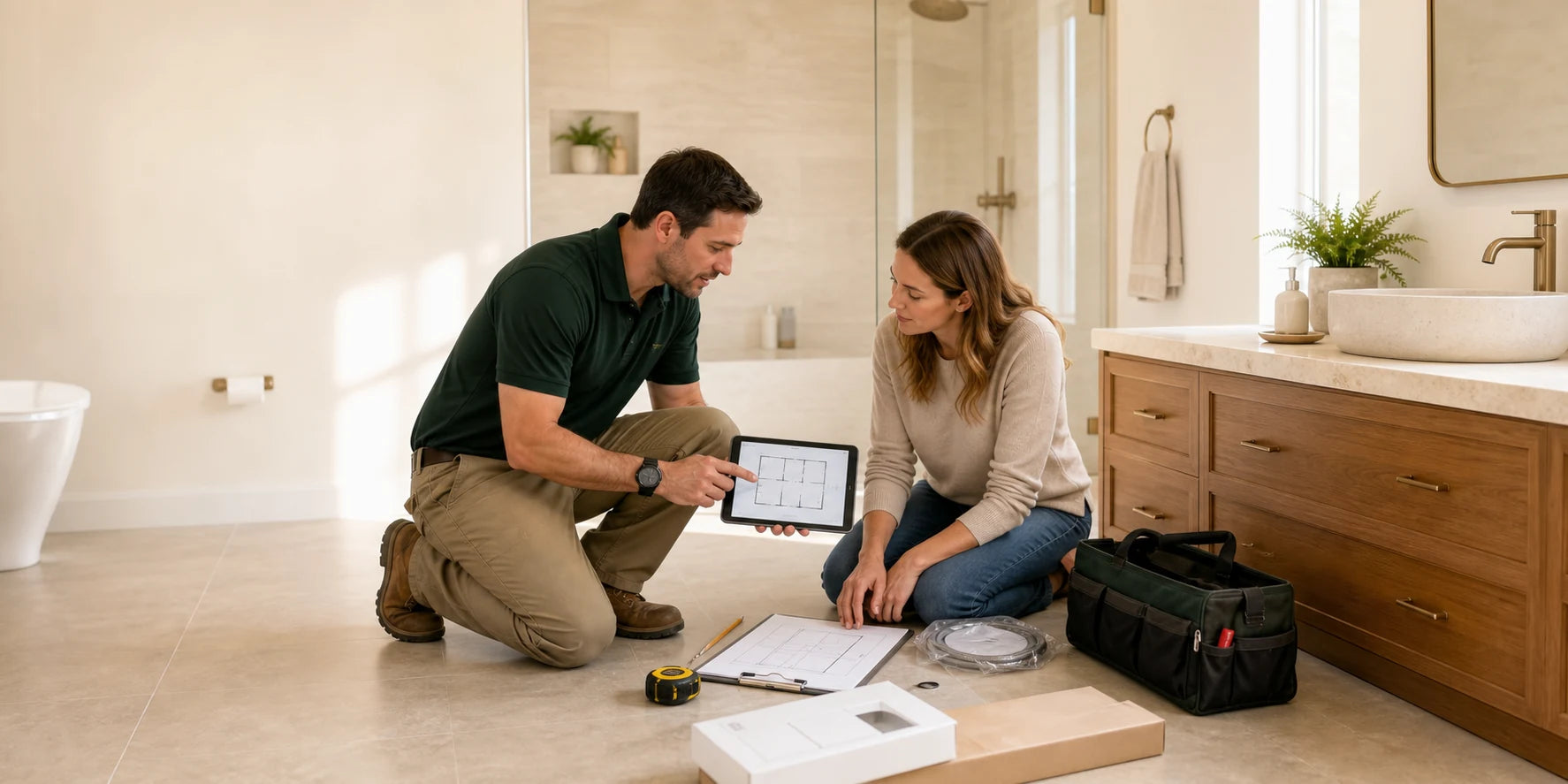 Bathroom professional reviewing installation preparation with a homeowner